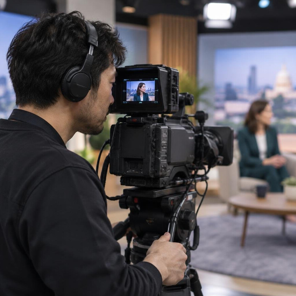Camera operator framing a shot during a studio interview