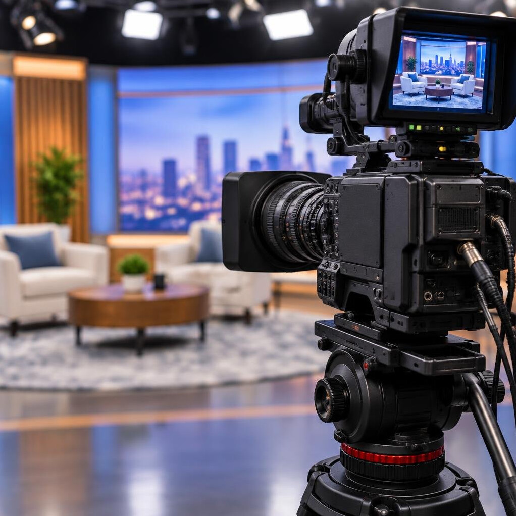 Broadcast video camera mounted on a tripod in a studio