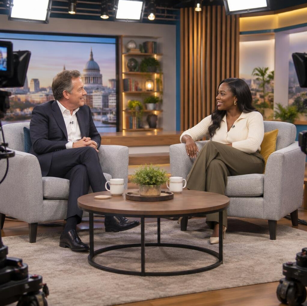 Two talk-show hosts recording a conversation in a professional broadcast studio
