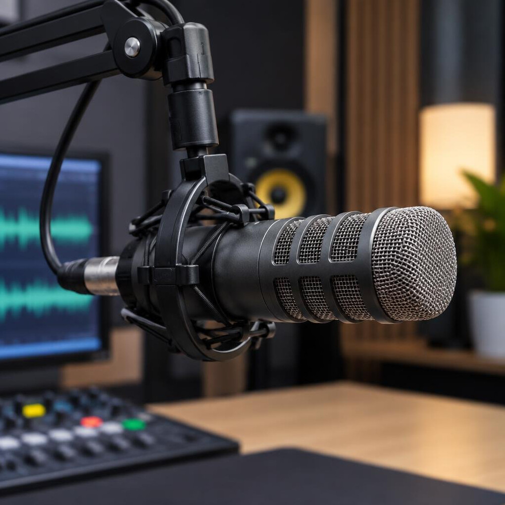 Professional broadcast microphone mounted on a boom arm