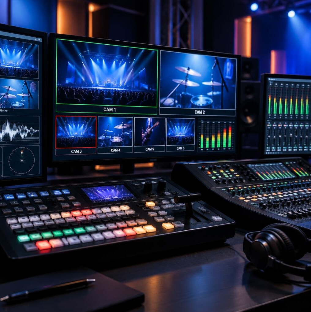 Video production control desk with multiple monitors