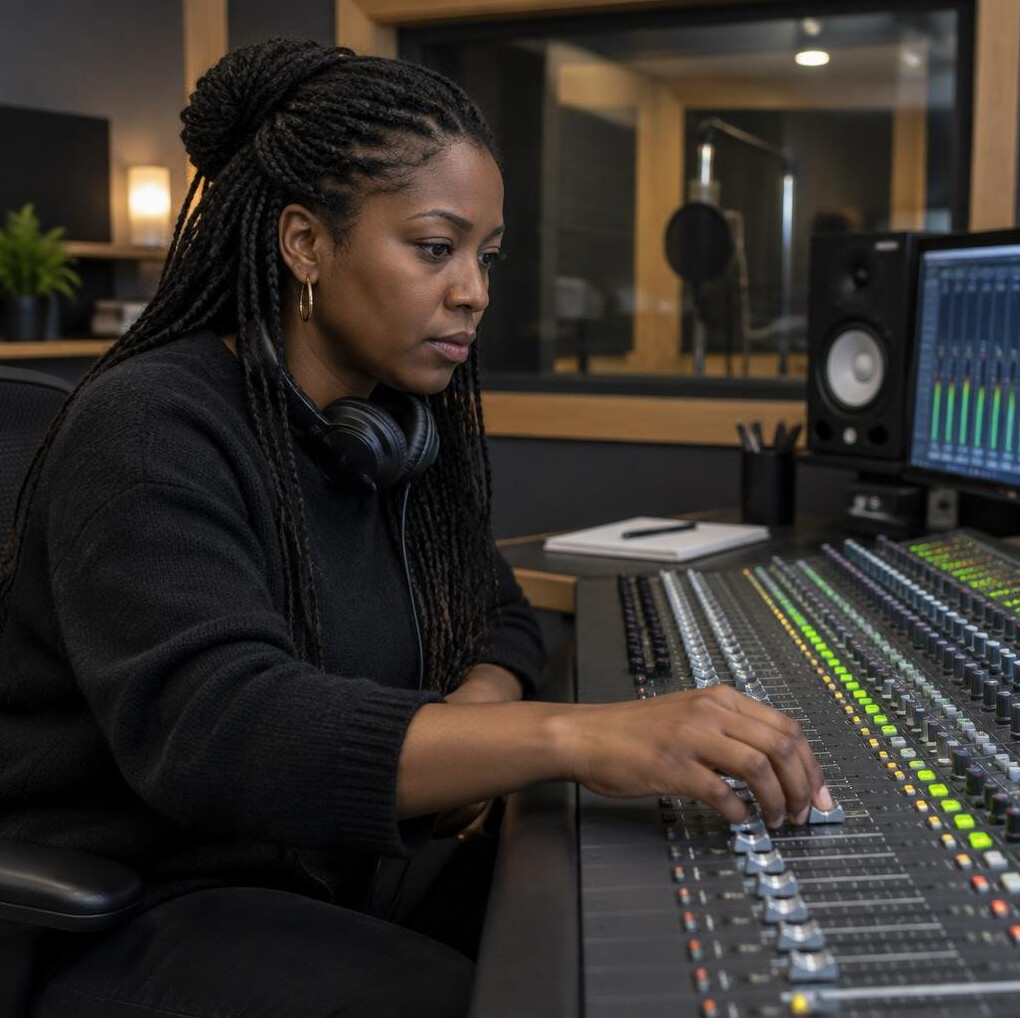 Audio engineer checking microphone levels on a mixing console