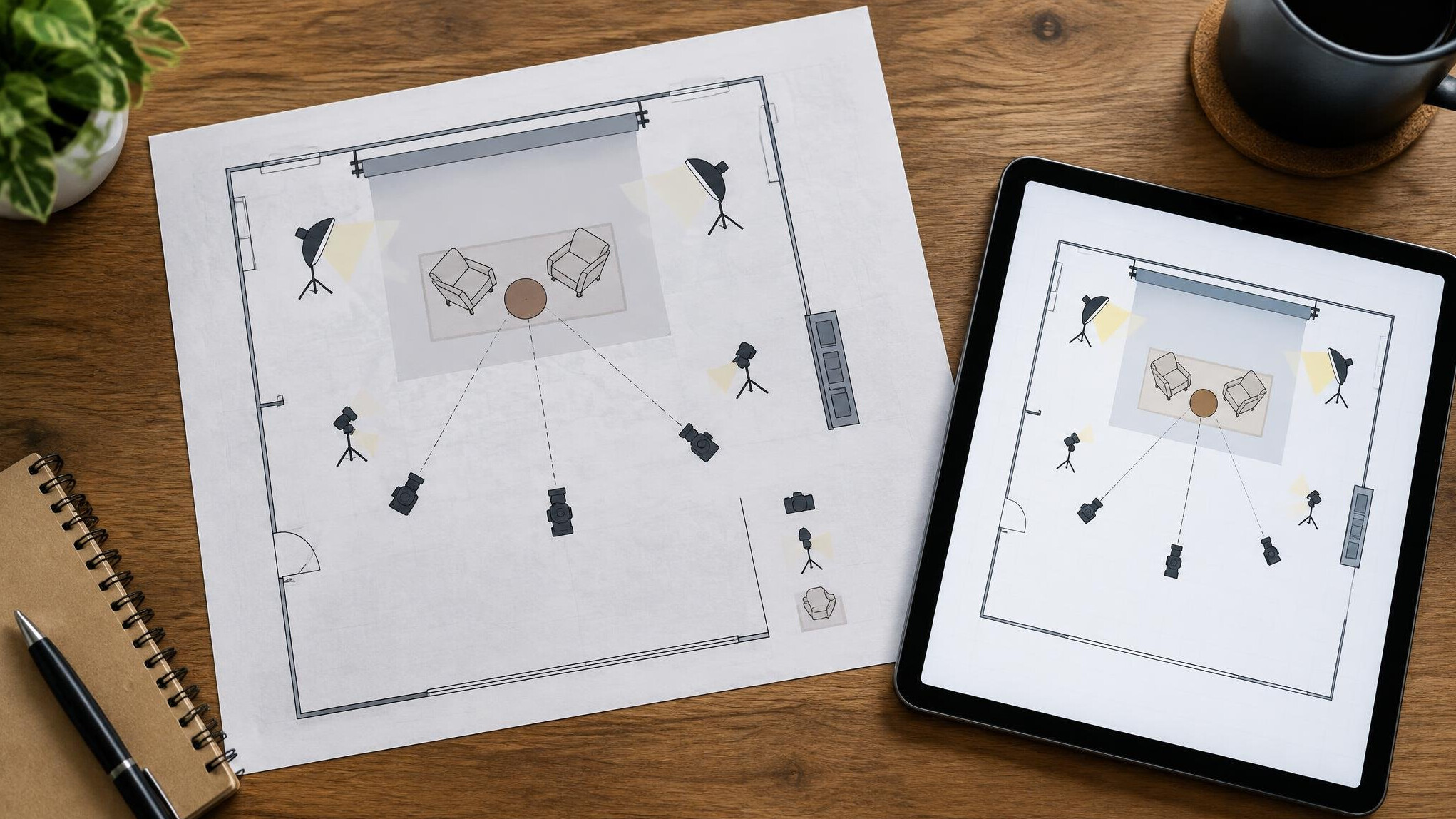 Studio floor plan diagram with camera and light positions marked