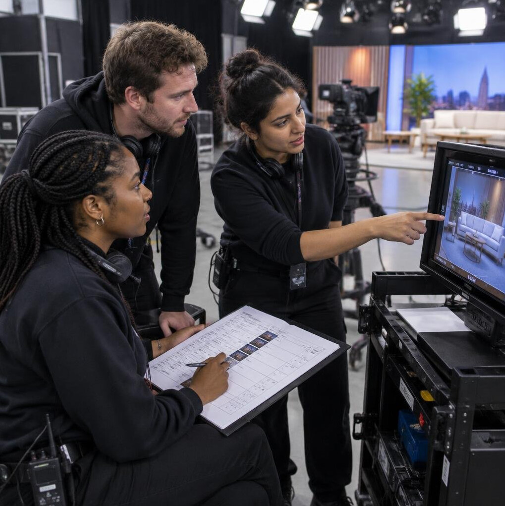Production team planning a shoot around a monitor