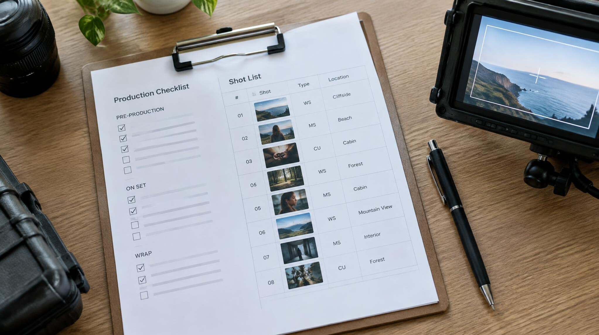 Production checklist and shot list on a clipboard