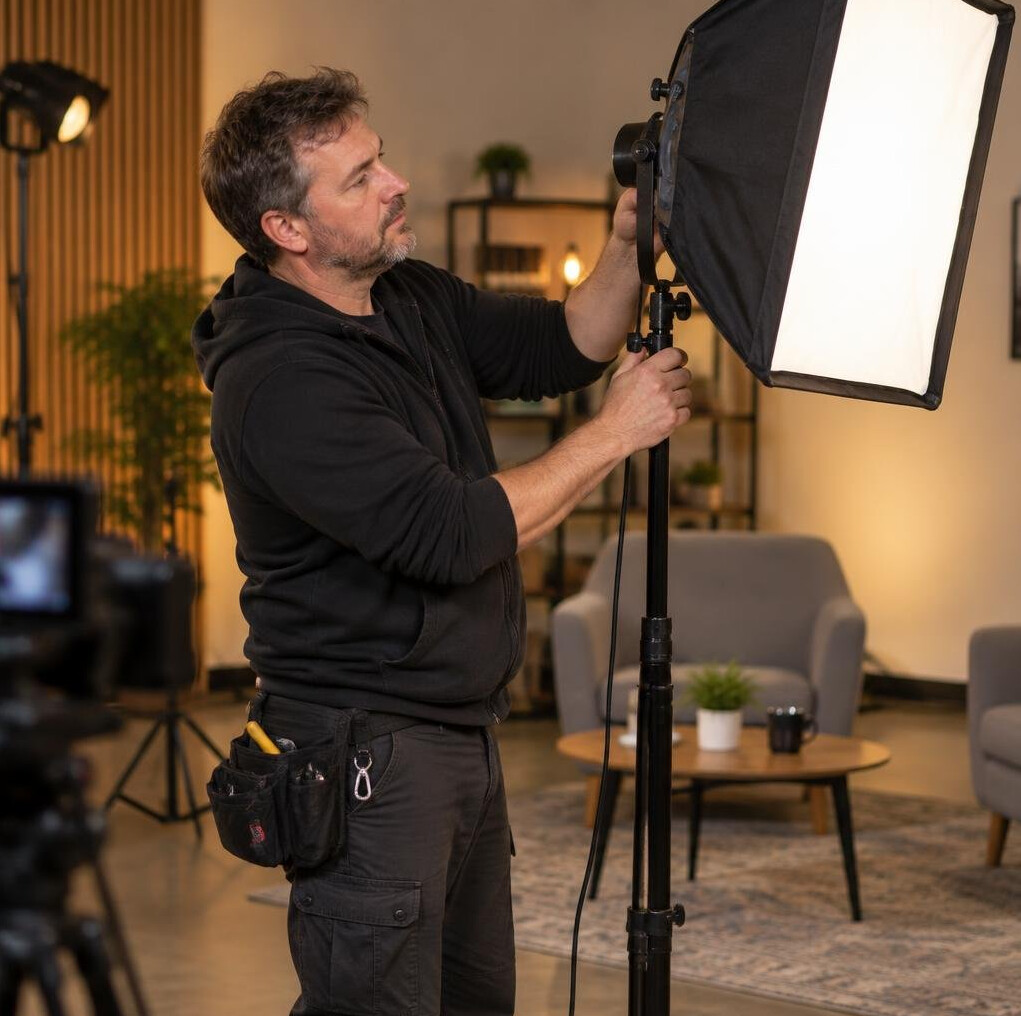 Lighting technician adjusting a studio softbox before a shoot